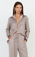 Noelle Top - Geo Border Print Button Front Long Sleeve Shirt in Multi