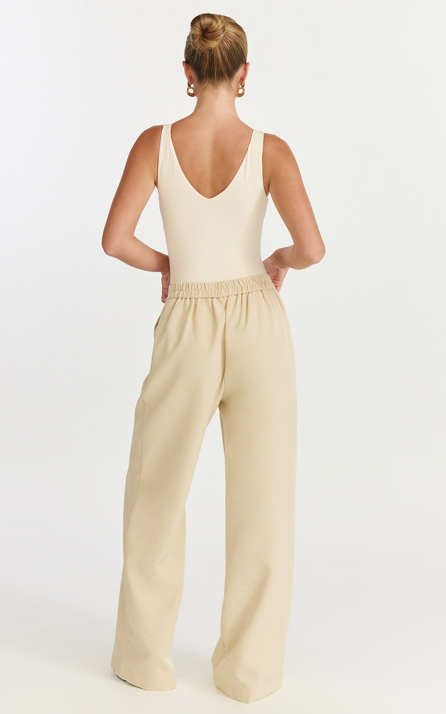 Tessa Pants - Elastic Back Pull On Tailored Pants in Beige
